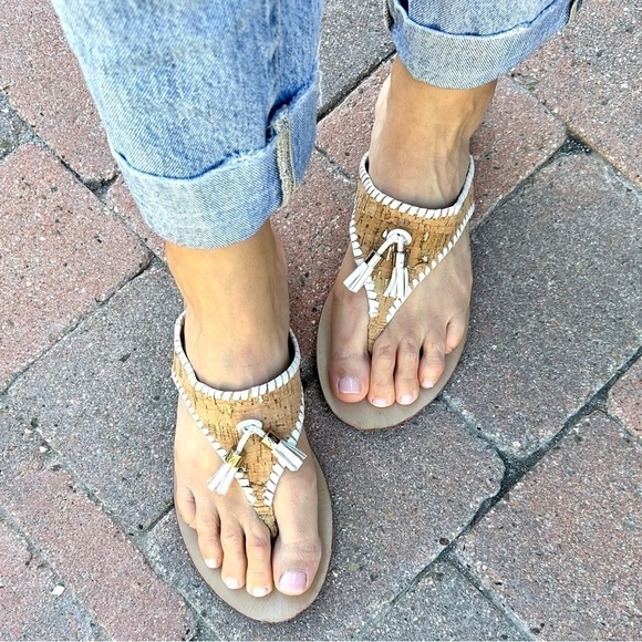 Jack Rogers Alana Cork White Leather Tassel Thong Flip Flop Sandals Size 9.5 - Picture 7 of 13